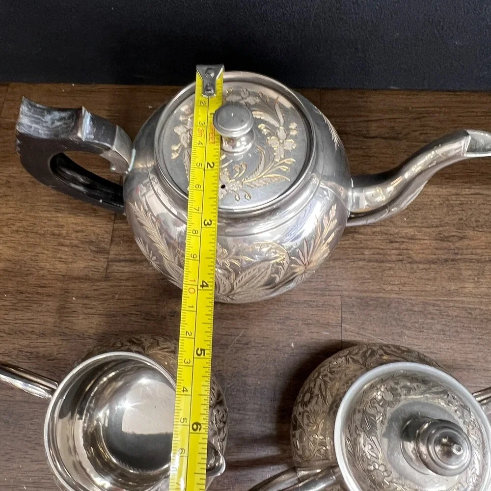 Vintage Wedding Silver Plated Floral Etched Footed Tea Set India, 1950 set of 3‎
